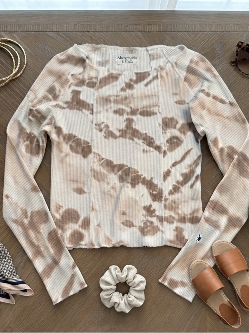 Abercrombie & Fitch Beige Tie-Dye Ribbed Long Sleeve Top